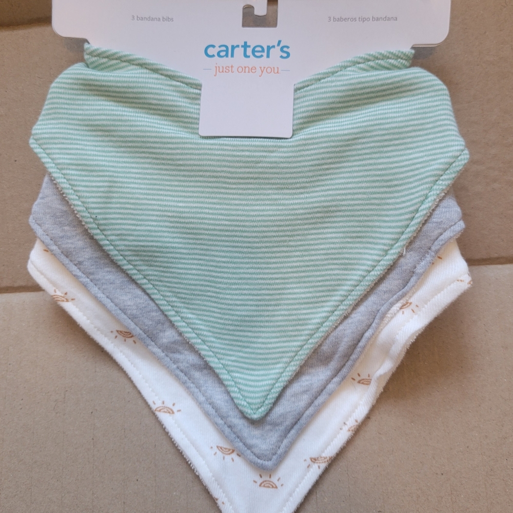 (Lot Of 3 Sets) Carter's 3-Pack Baby Bandana Bibs in Mint, Gray & White